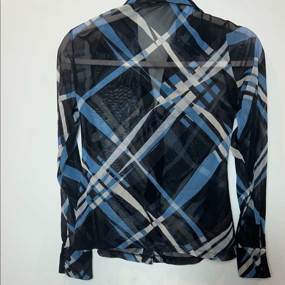 Y2K Blue and Black Sheer Plaid Fitted Button-Up Shirt - Picture 4 of 4